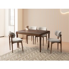 Viento Mobilya Marsilya Navara Desen Mdf Açılır 130X80 Gürgen Ceviz Kasa Masa 4 Adet Ahşap Polo Calve Kumaş Ceviz Iskelet Sandalye Masa Takımı
