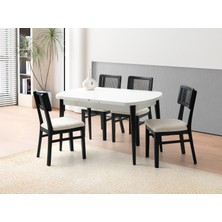Viento Mobilya Kelebek Kaşıklıklı Beyaz Renk Açılır 140X80 Masa 6 Adet Lizbon Calve Kumaş Siyah Ahşap Iskelet Sandalye Masa Takımı