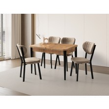 Viento Mobilya Kelebek Çam Desen Açılır 110X70 Masa 6 Adet Elma Babyface Kumaş Siyah Metal Iskelet Sandalye Masa Takımı
