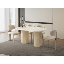 Viento Mobilya Stella Traverten Desen Mdf Açılır 160X90 Masa 6 Adet Venedik Calve Kumaş Cappucino Iskelet Sandalye Masa Takımı