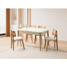 Viento Mobilya Kelebek Tekno Kenar Aytaşı Renk Highgloss Açılır 130X80 Masa 4 Adet Zion Calve Kumaş Naturel Ahşap Iskelet Sandalye Masa Takımı