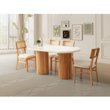 Viento Mobilya Stella Aytaşı Highgloss Renk Açılır 160X90 Masa 6 Adet Lizbon Calve Kumaş Naturel Iskelet Sandalye Masa Takımı