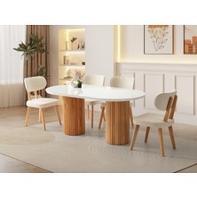 Viento Mobilya Orkide Kar Beyaz Renk Highgloss Sabit 170X90 Masa 8 Adet Masal Calve Kumaş Naturel Iskelet Sandalye Masa Takımı