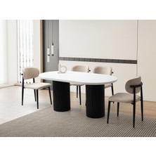 Viento Mobilya Orkide Kar Beyaz Renk Highgloss Sabit 170X90 Masa 6 Adet Metal Polo Puffy Kumaş Siyah Iskelet Sandalye Masa Takımı