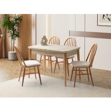Viento Mobilya Kelebek Tekno Kenar Traverten Desen Mdf Açılır 110X70 Masa 6 Adet Bambu Calve Kumaş Naturel Ahşap Iskelet Sandalye Masa Takımı