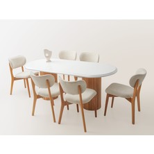 Viento Mobilya Stella Kar Beyaz Highgloss Renk Açılır 160X90 Masa 8 Adet Aras Calve Kumaş Naturel Iskelet Sandalye Masa Takımı