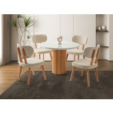 Viento Mobilya Orkide Yuvarlak Kar Beyaz Renk Highgloss Sabit 100X100 Masa 4 Adet Masal Calve Kumaş Naturel Ahşap Iskelet Sandalye Masa Takımı
