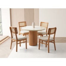 Viento Mobilya Orkide Yuvarlak Aytaşı Renk Highgloss Sabit 100X100 Masa 4 Adet Lizbon Calve Kumaş Naturel Ahşap Iskelet Sandalye Masa Takımı