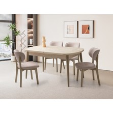 Viento Mobilya Kelebek Traverten Desen Açılır 160X90 Masa 8 Adet Aras Puffy Kumaş Cappicino Ahşap Iskelet Sandalye Masa Takımı