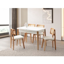 Viento Mobilya Kelebek Tekno Kenar Kar Beyaz Renk Highgloss Açılır 110X70 Masa 4 Adet Zion Calve Kumaş Naturel Ahşap Iskelet Sandalye Masa Takımı