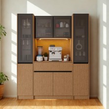 Sarıoğlu Mobilya Nordıc Wood Led’li Kahve Köşesi Ünitesi Maxı | Çift Vitrinli Füme Cam | Komple Mdf Geniş Mutfak Dolabı