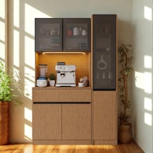 Sarıoğlu Mobilya Nordıc Wood Led’li Kahve Köşesi Ünitesi | Sağ Vitrinli Füme Cam | Komple Mdf Modern Mutfak Dolabı