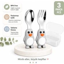 Penguen Figürlü Premium Çocuk Bpa Free Silikon Sap Paslanmaz Çelik Uçlu Çatal-Kaşık Set 9+ Ay