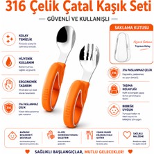 Jojobebek Turuncu Renk Figürlü Premium Çocuk Bpa'sız Silikon Saplı Paslanmaz Çelik Uçlu Çatal-Kaşık, S.kutusu