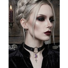 Feronnucci Ay Yıldız Detaylı Choker Kolye Kadın | Gotik Boyunluk Kolye | Alternatif Moda Yaka Kolyesi | Punk ve Cosplay Aksesuarı