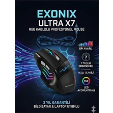 Exonix Pulse X7 Rgb Kablolu Oyuncu Gaming Mouse 7 Tuşlu Dpı Ayarlı LED Aydınlatmalı Ergonomik Bilgisayar Laptop Uyumlu Hızlı Tepkili