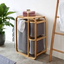 Neu Home Kirli Çamaşır Sepeti Ahşap - Bambu 3 Organizer Bölmeli Kumaş Çantalı 50X30X70CM (5486)