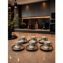 Lucky Clover Lüks Porselen Türk Kahvesi Fincan Takımı 6 Kişilik Gold Detaylı Modern Kahve Seti