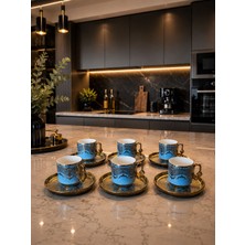 Lucky Clover Lüks Porselen Türk Kahvesi Fincan Takımı 6 Kişilik Gold Detaylı Modern Kahve Seti