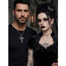 Feronnucci Unisex Gotik Kafatası Haç Kolye | Kırmızı & Gri Melek Kanatlı Cross Necklace | Unisex Punk Kolye | Vintage Zincirli