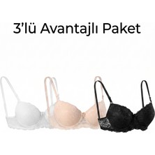 Ebru Dantelli Desteksiz Telli Sütyen (3’lü Avantaj Paketi - Siyah, Beyaz & Ten Rengi)
