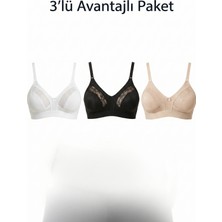 Ebru Lez Ara Dantelli Altı Geniş Lastikli Telsiz Sütyen (3’lü Avantaj Paketi - Siyah, Beyaz & Ten Rengi)
