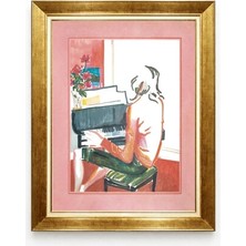 Tablore Altın Çerçeveli Piyano Çalan Kadın Temalı Modern Sanat Duvar Tablosu Estetik Genç Odası