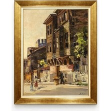 Tablore Klasik Eski Istanbul Sokak ve Tarihi Evler Altın Çerçeveli Salon Tablosu