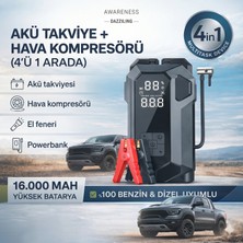 Belya Home 4'ü 1 Arada Akü Takviye Cihazı + Hava Kompresörü 16.000 Mah Taşınabilir Powerbank Lastik Şişirme El Feneri