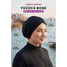 Loggia Üç Bantlı Çapraz Deniz Havuz Yüzücü Spor Bonesi - Hazır Türban Tesettür Mayo Dış Bone Siyah