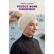 Loggia Üç Bantlı Çapraz Deniz Havuz Yüzücü Spor Bonesi - Hazır Türban Tesettür Mayo Dış Bone Krem