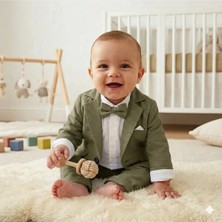 Baby Kids Colors Erkek Çocuk Flamlı Keten Salaş Ceketli Takım Elbise / Gömlek Pantolon Ceket Papyon Keten Takım(Ay Grubu Zıbınlı)