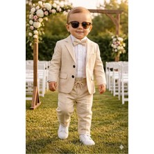 Baby Kids Colors Erkek Çocuk Flamlı Keten Salaş Ceketli Takım Elbise / Gömlek Pantolon Ceket Papyon Keten Takım(Ay Grubu Zıbınlı)