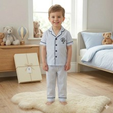 Baby Kids Colors Nakışlı Kısa Kol Erkek Bebek ve Çocuk Mvi Beyaz Çizgili Düğmeli 2'li Pijama Takımı - Pamuklu Uyku ve Ev Seti