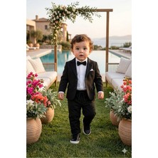 Baby Kids Colors Erkek Çocuk Flamlı Keten Salaş Ceketli Takım Elbise / Gömlek Pantolon Ceket Papyon Keten Takım(Ay Grubu Zıbınlı)