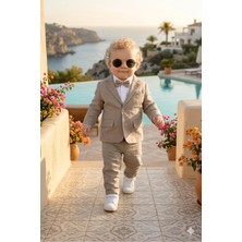 Baby Kids Colors Erkek Çocuk Flamlı Keten Salaş Ceketli Takım Elbise / Gömlek Pantolon Ceket Papyon Keten Takım(Ay Grubu Zıbınlı)