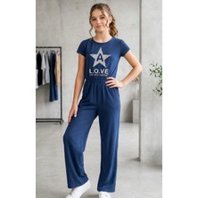 Yalçınoğlu Kız Çocuk Rahat Kesim Cepli Tulum Lacivert 6-16 Yaş I Günlük Yazlık Tulum I Kız Çocuk L.o.v.e Baskılı I Kız Çocuk Takım