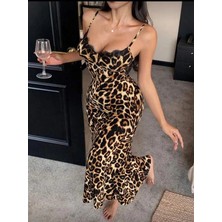Amora Secret  Pamuklu Leopar Desenli Ince Askılı Uzun Elbise