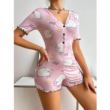 Amora Secret  Pamuklu Pembe Kuzu Desenli Düğmeli Uzun Kol Tulum Pijama