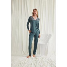 Amora Secret  Yakası Omzu ve Paçası Dantelli Boydan Düğmeli Pijama Takımı
