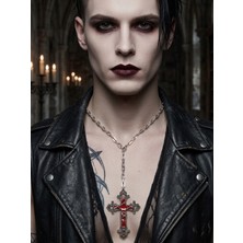 Feronnucci Unisex Gotik Haç Kolye 3 Renk Kırmızı Gri Gümüş – Vintage Çapraz Kolye, Zincirli Retro Punk Kolye