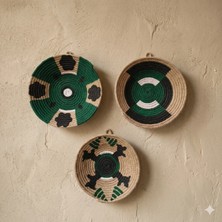 My Work Shop 3'lü Set El Yapımı Hasır Duvar Süsü - Yeşil ve Siyah Etnik Desenli Bohem Duvar Dekoru