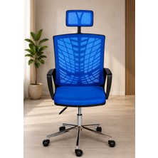 Trendcore Ergonomik Fileli Çalışma Koltuğu Başlıklı Ofis Koltuğu Mavi Bilgisayar Koltuğu Yönetici Sandalyesi
