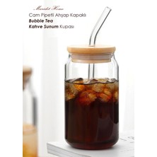 Maridet Isıya Dayanıklı Cam Pipetli Ahşap Kapaklı Bubble Tea ve Borosilikat Bardak | 6 Adet