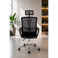 Trendcore Ergonomik Fileli Ofis Koltuğu Başlıklı Çalışma Sandalyesi Yönetici Koltuğu Siyah Krom Ayaklı