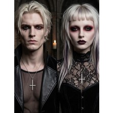 Feronnucci Unisex Gotik Haç Kolye Kırmızı Gri Gümüş – Vintage Cross Kolye, Retro Zincir Kolye, Kadın Erkek Punk Kolye