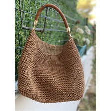 My Vintage Tarçın Bowl Bag Deri Örgü Saplı Kadın Hasır Içten Astarlı Kol Çantası