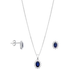 Oya Silver Mini Beyaz Işıltı Çevrili Safir Taşlı Oval Kadın Kolye Küpe Gümüş Set