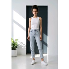 Hies Yüksek Bel Buz Mavi Likralı Mom Jean