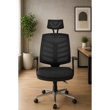 Trendcore Ergonomik Siyah Başlıklı Ofis Koltuğu – Fileli Yönetici ve Çalışma Koltuğu, Krom Ayaklı Bilgisayar Koltuğu